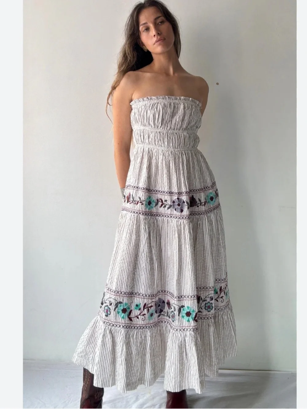 Free People Kalani Midi Dress in Ivory Stripe Combo New!